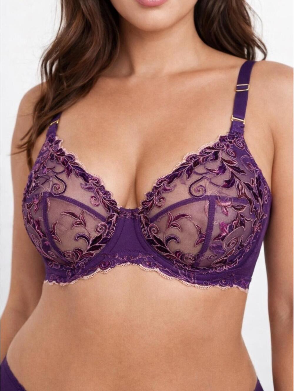 Sonno Purple Lace Bra 40DD Floral Embroidered Sheer Mesh Sexy Lingerie